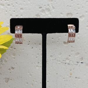 925 Sterling Silver Hoop Earrings With Channel Set CZ Baguettes Safety Closure
